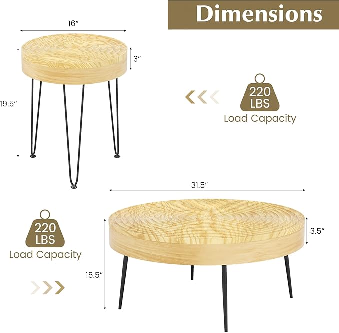 Giantex Boho Round Coffee Table Set of 2, Sofa Side Nesting Table with Solid Pine Wood Top, Metal Legs & Adjustable Foot Pads, 31.5" D Large Table Set for Living Room (Ring Pattern, Natural)