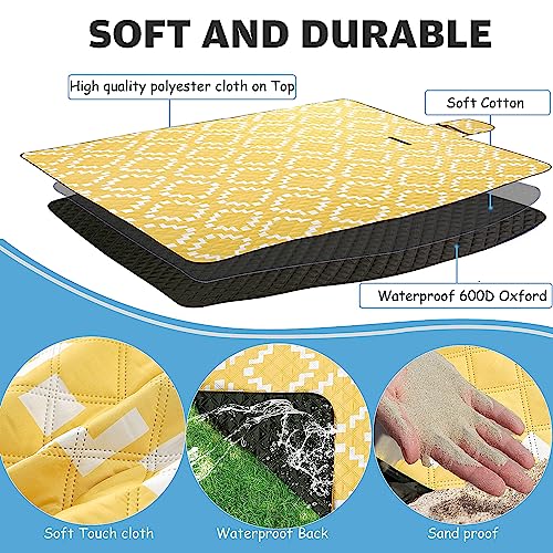 BGJOY Waterproof Sandproof Travel Blanket, Large Yellow Picnic Mat for 2-4 Adults, Lightweight Beach Blankets with Carry S...