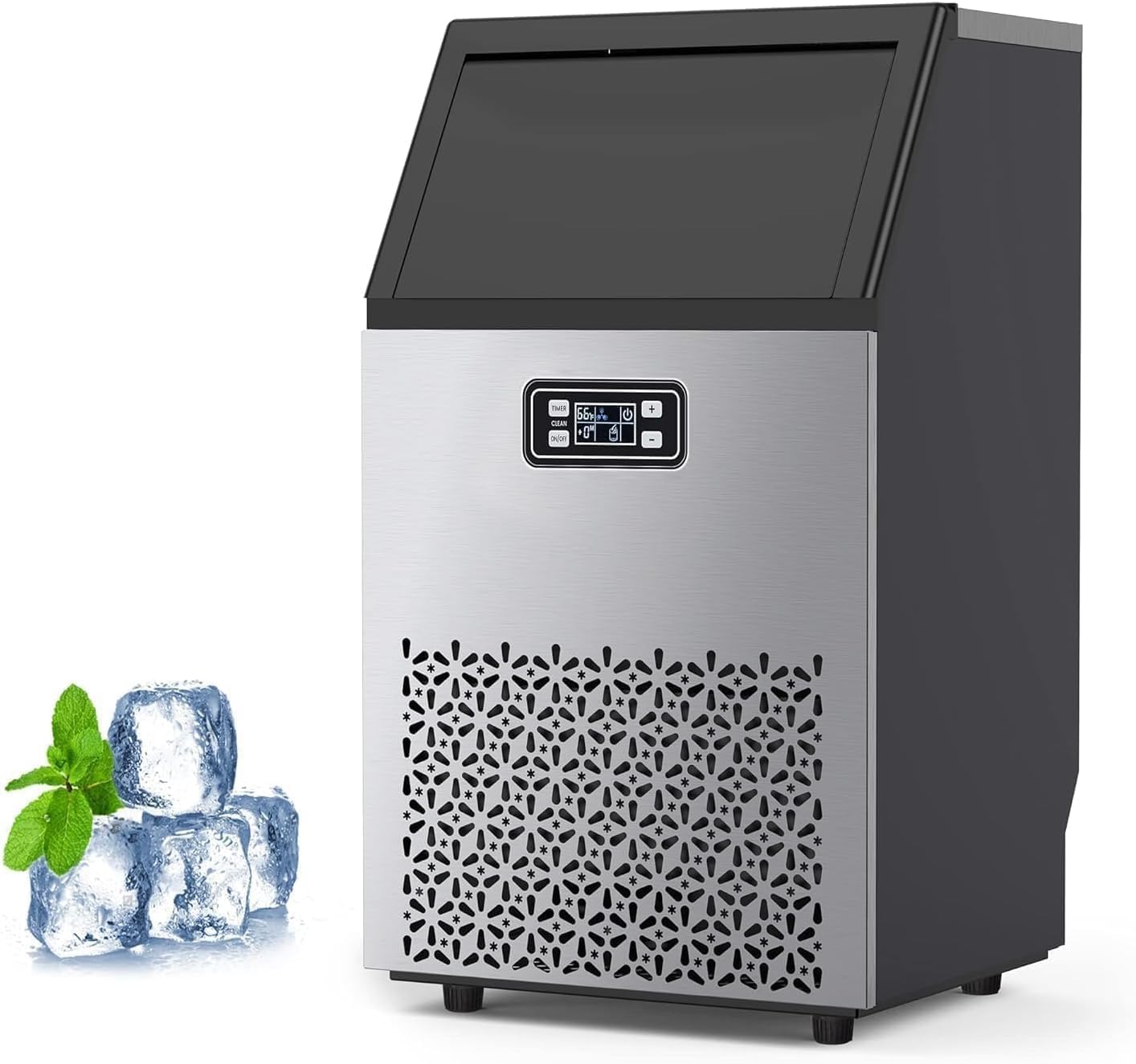 Dainslef Commercial Ice Maker Machine - 110LBS/24H Ice Production, 33LBS Storage, Stainless Steel, Self-Cleaning, 66 Ice Cubes in 5-15 Mins, Freestanding/Undercounter