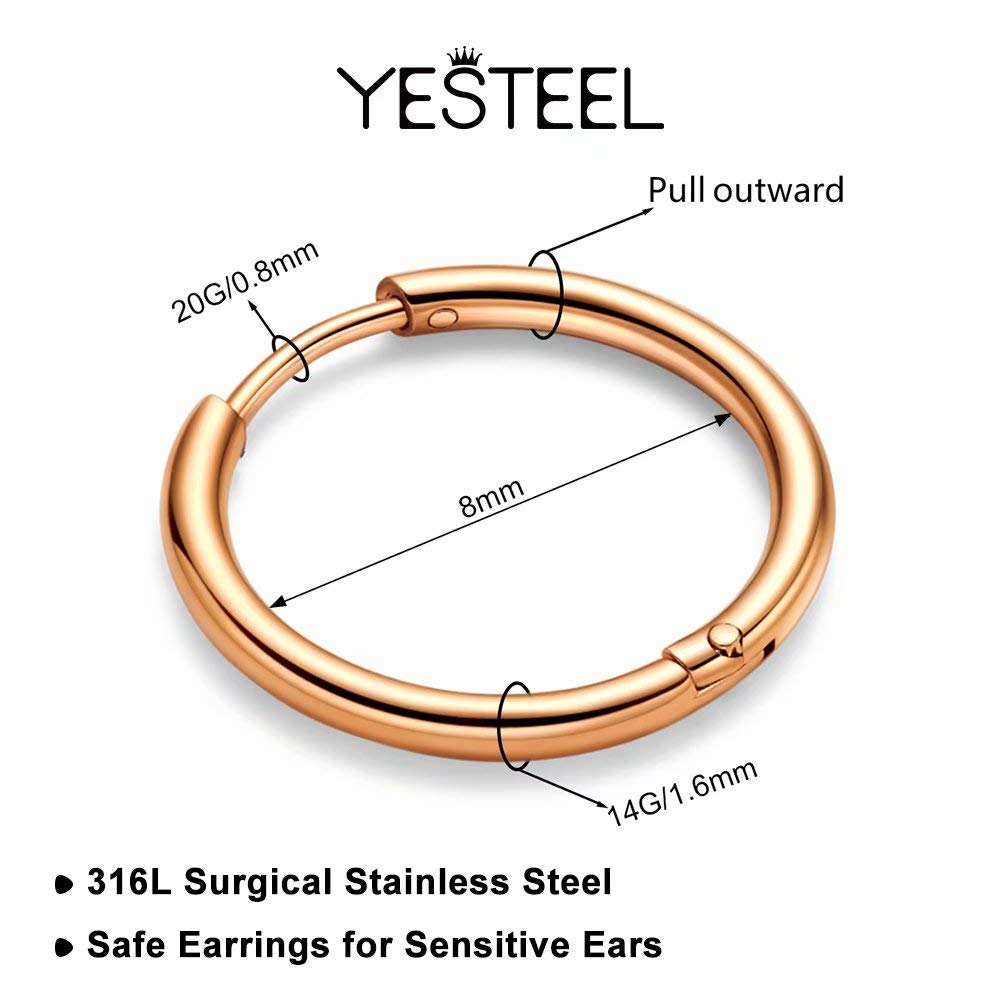 8MM Surgical Steel Hoop Earrings, Rose Gold Huggie Hoop Earrings Cartilage Hoops for Women, 20G 316L Surgical Stainless Steel Ea