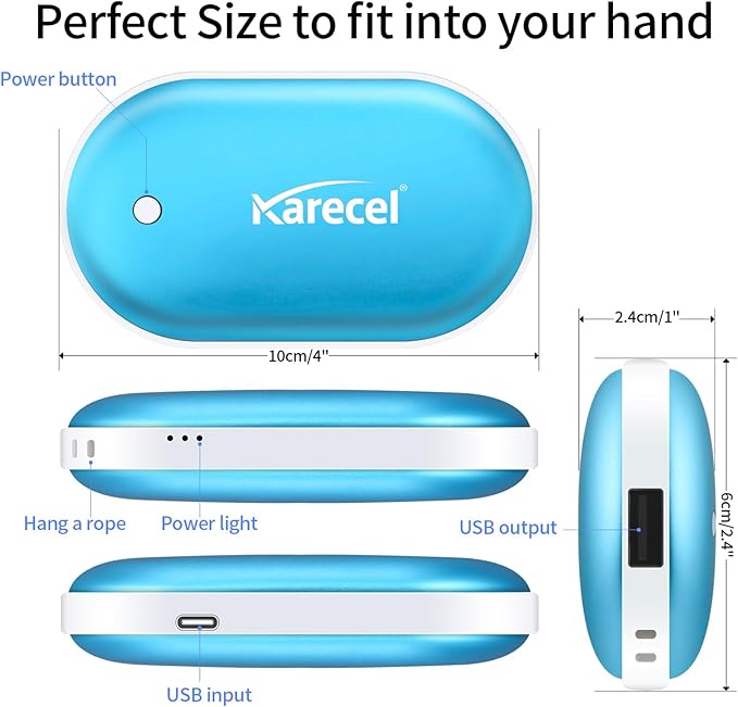 Karecel Hand Warmers Rechargeable 2 Pack, 10400mAh Double-Sided Heat Electric Handwarmers Powerbank, 4-inch Full-Surface Heat, Portable Camping Hand Warmers, Men Gifts for Christmas, Winter Essentials