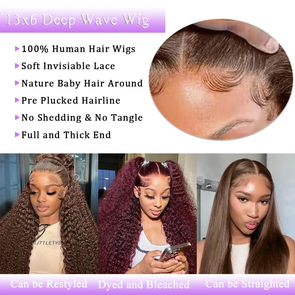 ABSFWIW 34" Chocolate Brown Lace Front Wig - Human Hair, 200% Density, 13x6 Deep Wave, Pre Plucked with Baby Hair