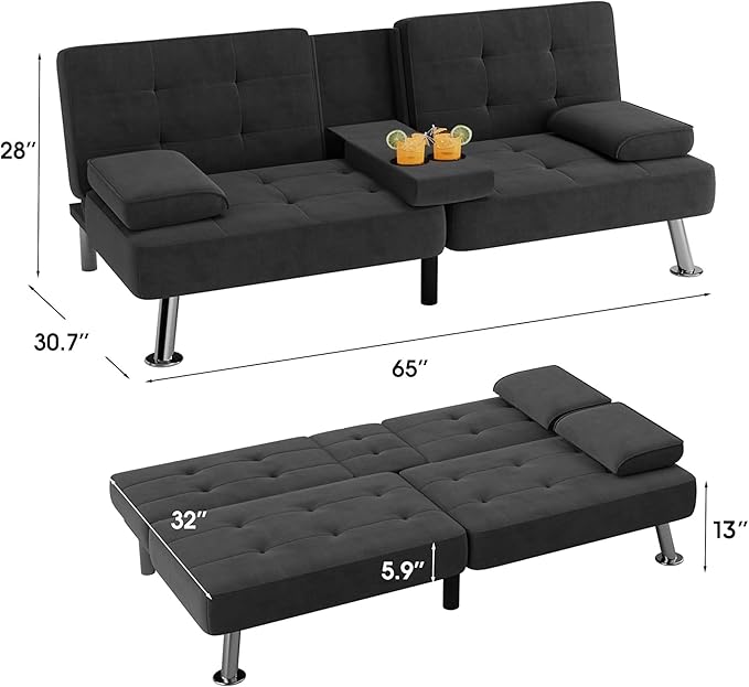 Flamaker Futon Sofa Bed Modern Folding Futon Set Linen Fabric Convertible Recliner Lounge for Living Room with 2 Cup Holders, Removable Armrests (Fabric, Black)