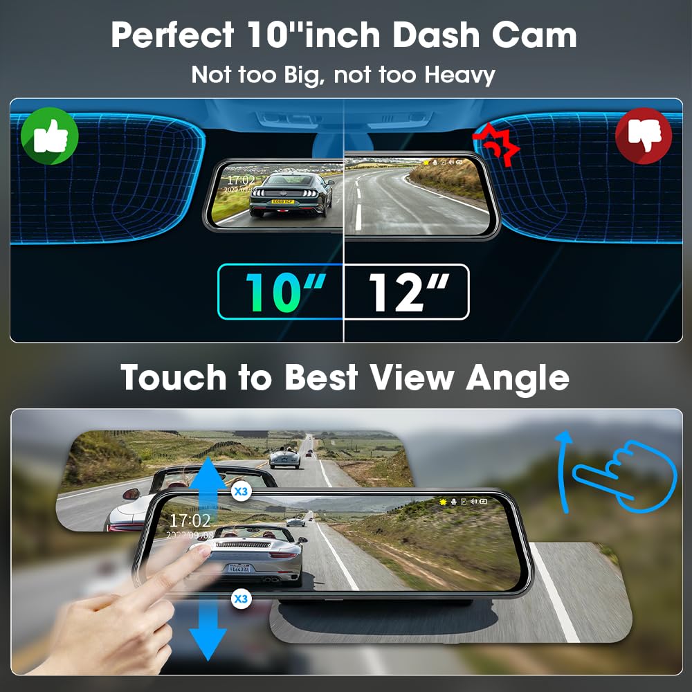 Upgraded 10 Rear View Mirror Camera Mirror Dash Cam Front And Rear 1080P Backup Camera Full Touch Screen W Loop Recording, G-S