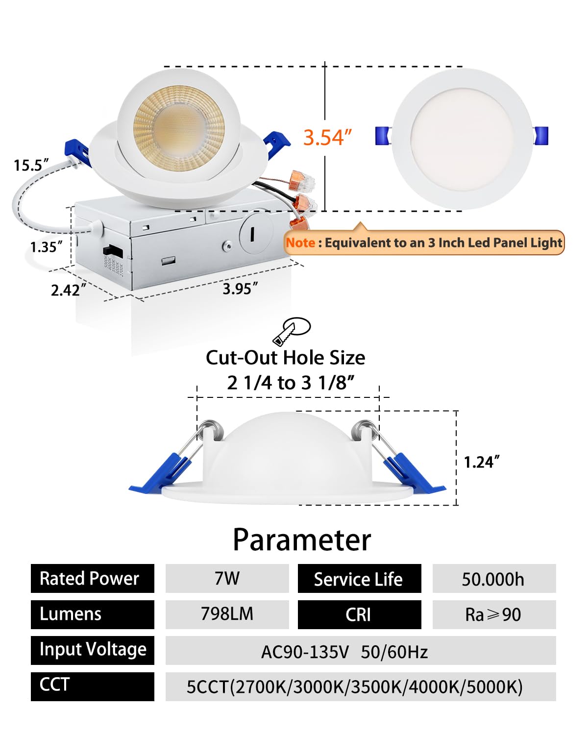 Adetu 3 Inch Gimbal Led Recessed Lighting, 360°+90° Adjustable Directional Recessed Lights, 2700K/3000K/3500K/4000K/5000K Dimmable Retrofit Eyeball Can Lights with Jbox,ETL (White,12 Pack)