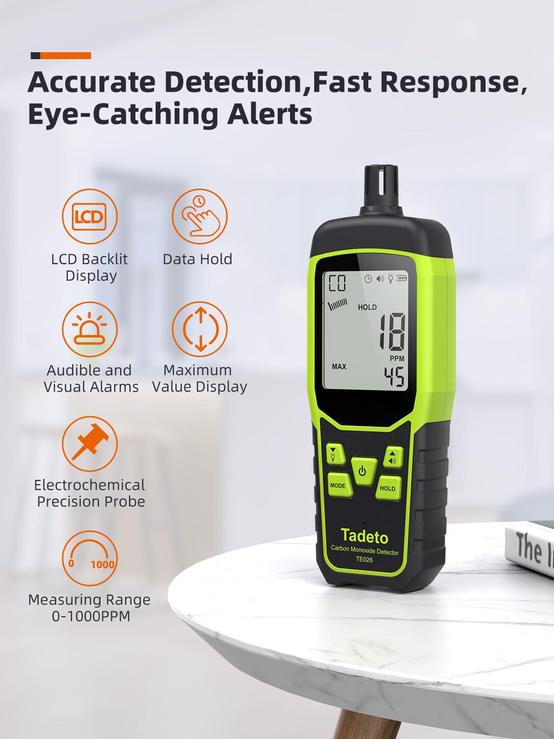 Carbon Monoxide Detectors, Portable CO Detector with Audible & Visual Alarm, 2.4-in Backlit Screen 0-1000PPM Travel CO Gas Meter for Home, Industrial and Outdoor (Includes Battery x3)