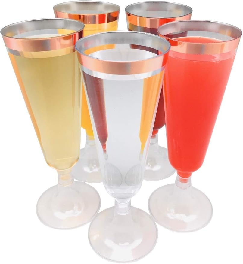 Oojami 140 Pack Plastic Champagne Flutes with Rose Gold Rim – Disposable Glass-Like Toasting Glasses for Wedding, Party, M...