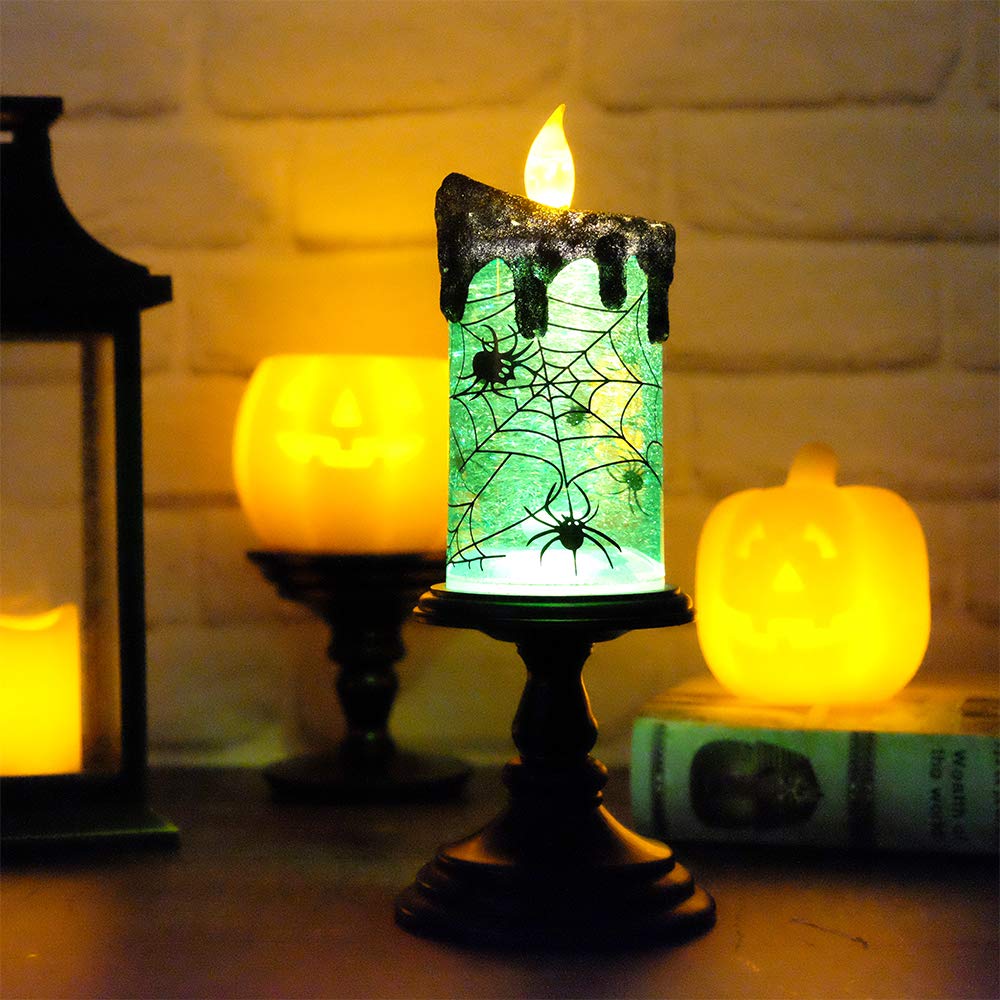 Eldnacele Halloween Snow Globe Candles Lighted Lamp, Battery Operated Spooky Spinning Water Glittering Tornado Candle Flameless Candles Table Centerpiece for Halloween Celebration Parties(Spider)