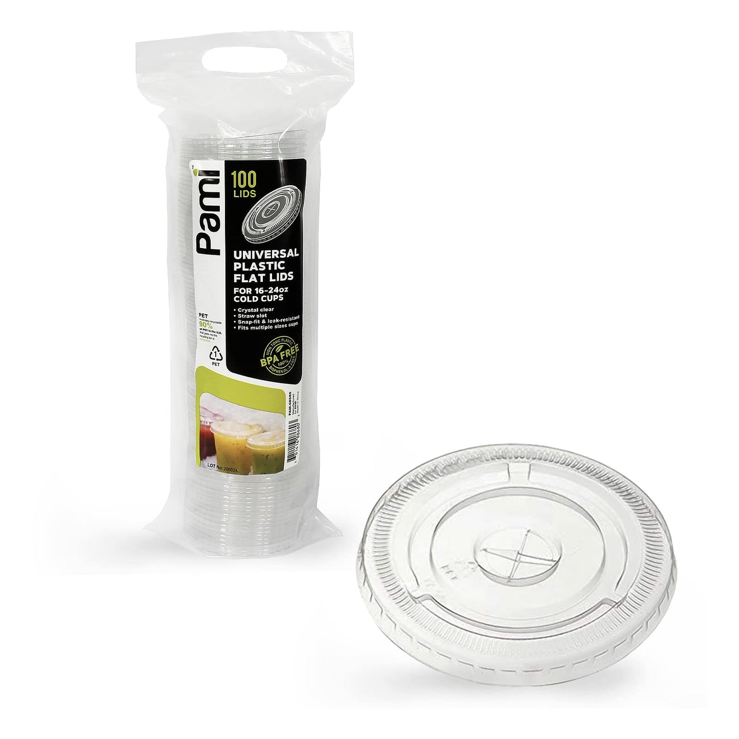 PAMI Clear Plastic Flat Lids with Straw Slot for 16 Oz Cups [Pack of 100] Fits 16, 20, 24 Oz Cups Disposable Leakproof Bpa- Pet Lids