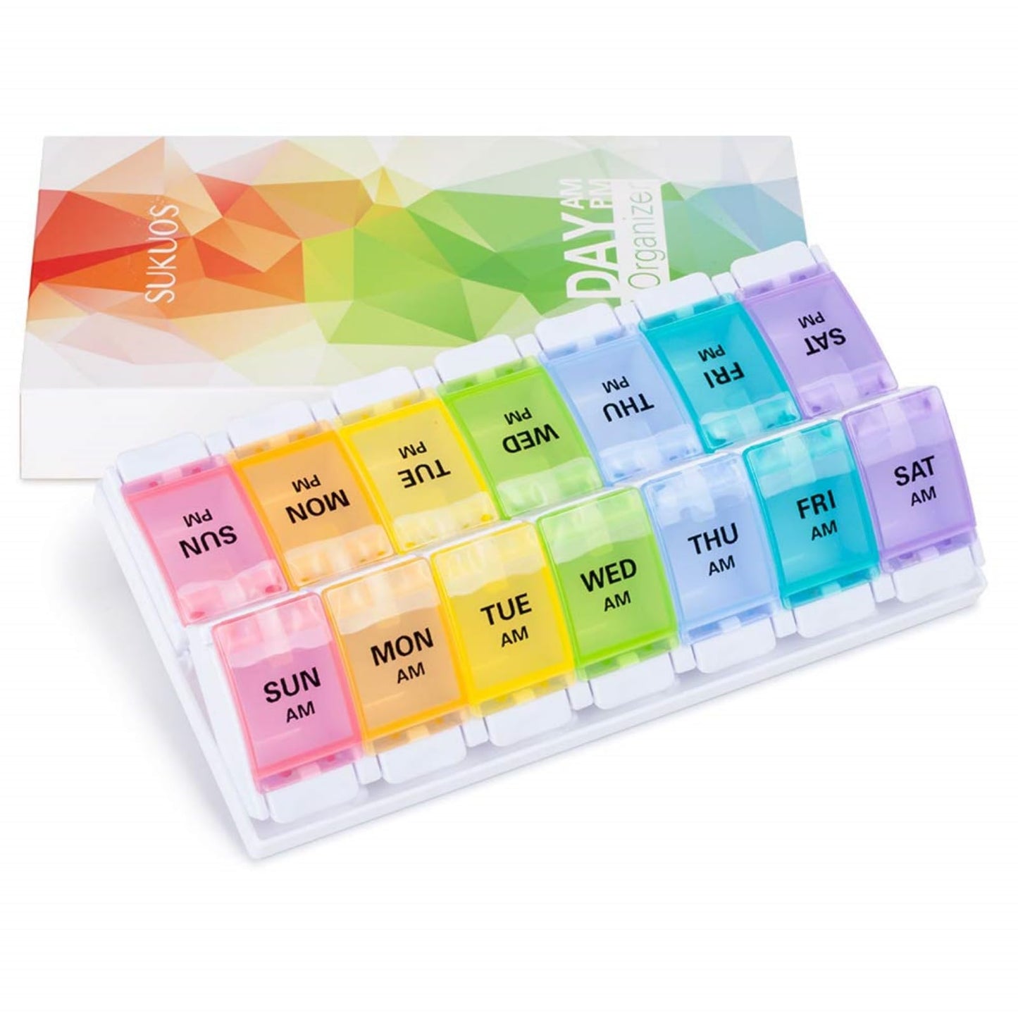 Sukuos AM PM Weekly Pill Organizer 2 Times A Day 2pcs, 7 Day Pill Box with Easy Push Button, BPA Free Medicine Case Vitamin Holder for Fish Oil/Supplements (Rainbow)