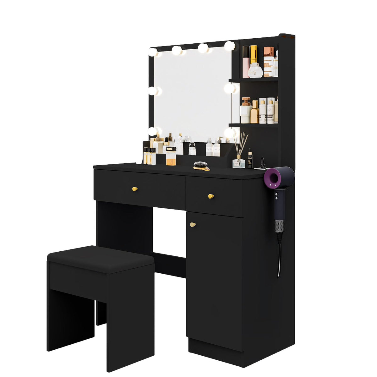 Yegosh Vanity Desk 35.4 Inch Makeup Vanity Table with Mirror and Lights Drawers & Cabinet Storage Shelves Cushioned Stool Dressing Table Set Include Charging Station Hair Dryer Stand (Black)