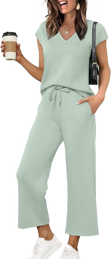 Saloogoe Two Piece Sets for Women Summer Outfits Lounge Sets V Neck Tops Wide Leg Pants Woman Vacation Travel Outfits