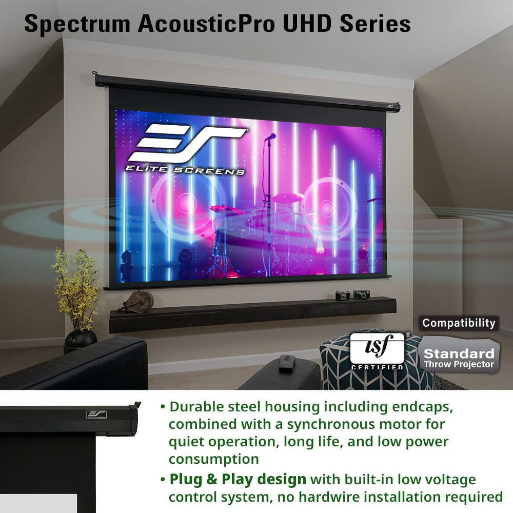 Elite Screens Acoustically Sound Transparent Spectrum Electric AcousticPro UHD,105-INCH Motorized Projector Screen Swift-RC1 Remote Kit Moiré-Free Perforated Weave Home Cinema, ELECTRIC105H2-AUHD
