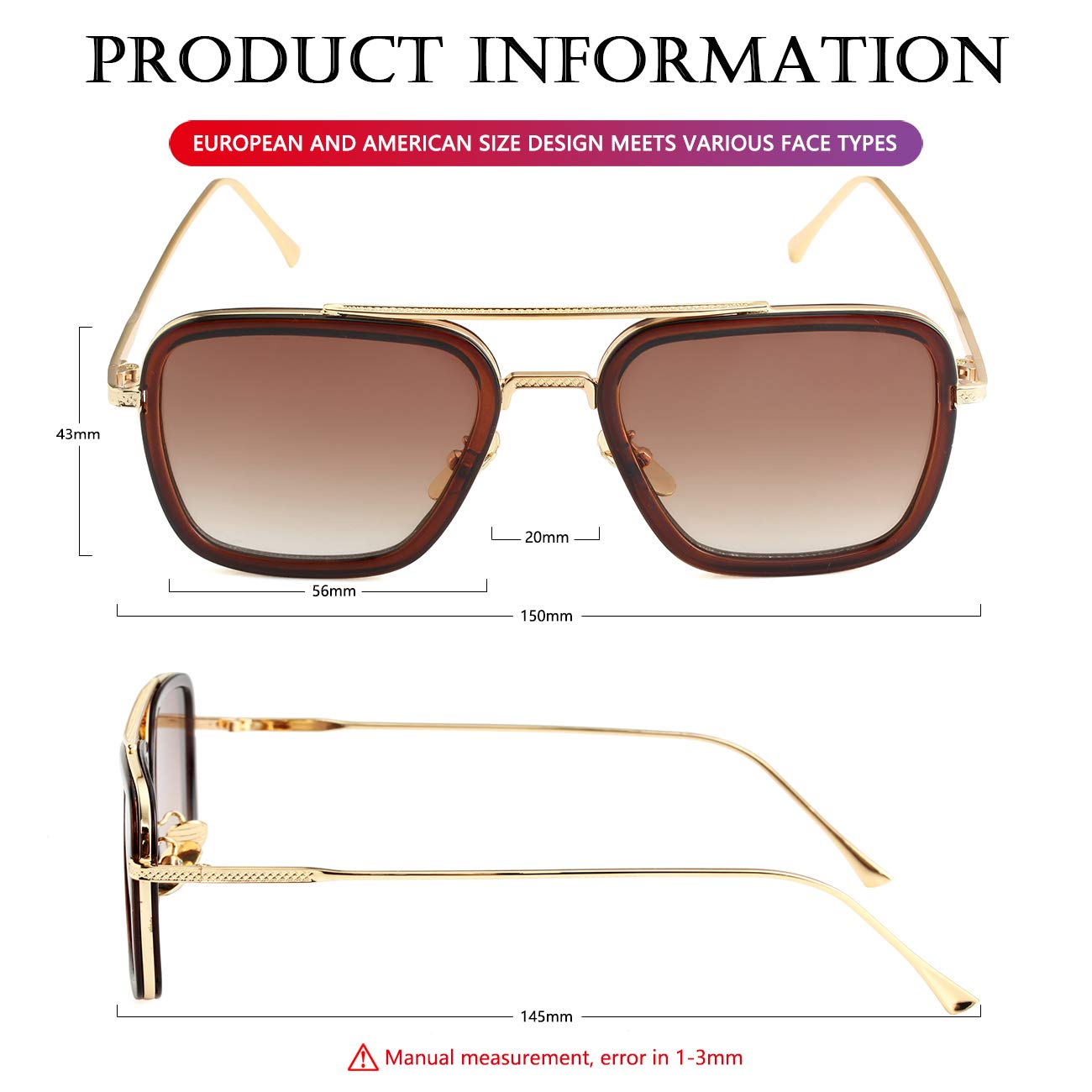 AIEYEZO Tony Stark Sunglasses Vintage Square Metal Frame Eyeglasses for Men Women - Iron Man and Edith Sun Glasses (Gold/Gradient Brown)