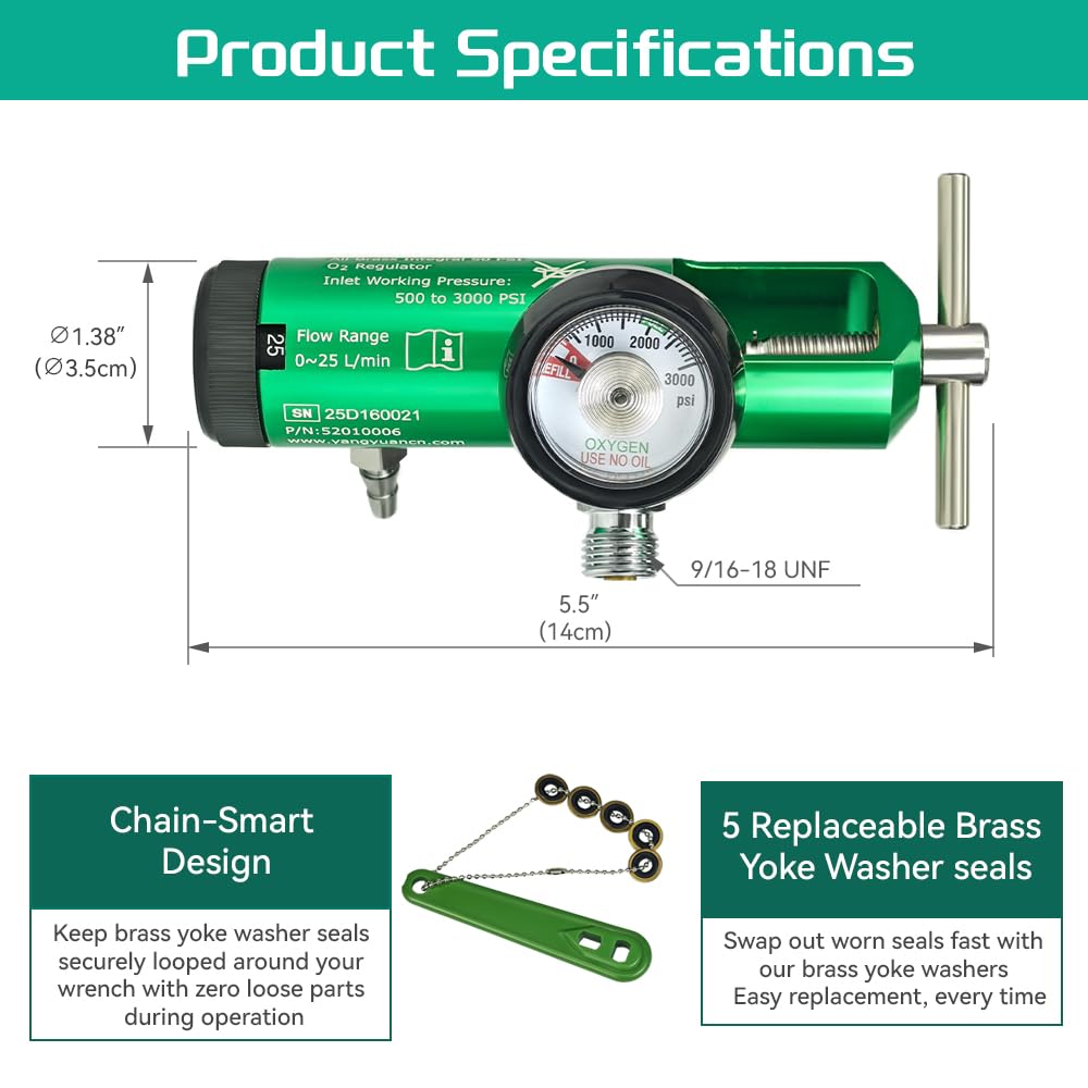 Oxygen Regulator EMS Professional Grade CGA870, 0-25 LPM with Gauge, Dual Outlet (Check Valve & Barb), Brass Sleeve Design, Includes Wrench, Oxygen Tubing Swivel Nipple and 5 Brass Yoke Washer Seals