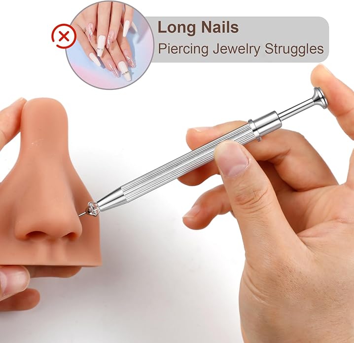 ONESING 2Pcs Piercing Ball Grabber Tool for Changing Jewelry, Stianless Steel Flat Back Earring Applicator Internally Threaded Push Pin Piercing Grabber Tool, Anti Slip 4 Claw Gem Ball Grabber Tool