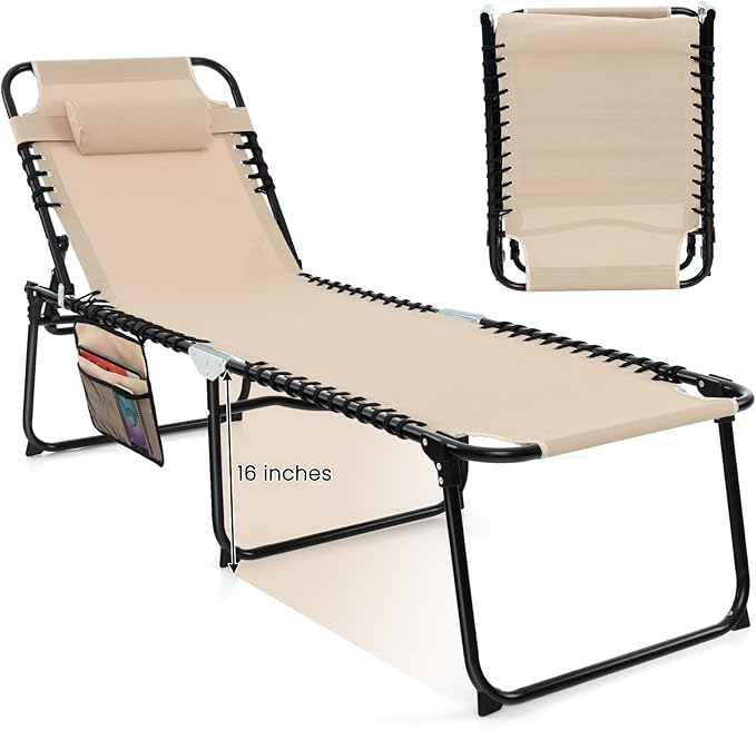 GYMAX Lounge Chairs for Outside, Extra High Folding Beach Tanning Lounger with Adjustable Backrest, Footrest & Removable Pillow, Sunbathing Lounge for Patio, Poolside (1, Sand with Pocket)