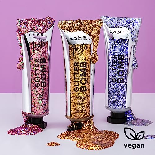 LAMEL Insta Glitter Bomb: Quick-Dry Holographic Face & Body Glitter Gel | Long-Lasting Shine & Effortless Removal | Perfec...