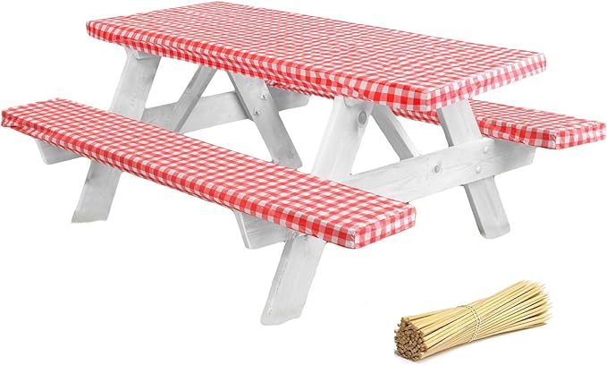LINPRO Premium Picnic Table Cover with Bench Covers Vinyl Fitted Picnic Table Covers with Elastic RV Camping Accessories a...