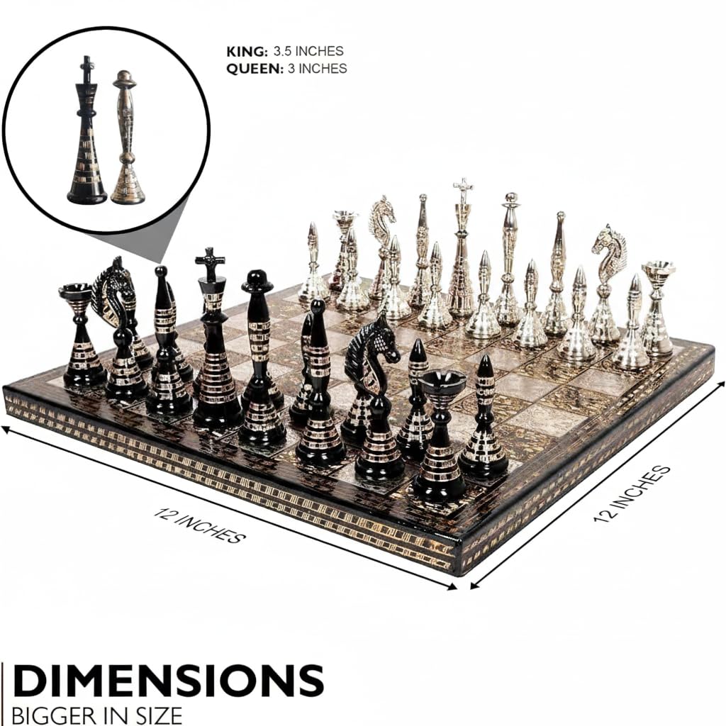 Luxury Handcrafted Brass Chess Set Black and Silver Metal Pieces with Premium Folding Board and Storage Box | Antique Finish Royal Gift and Decorative Board Game for Home Office Collectors (Tribal)