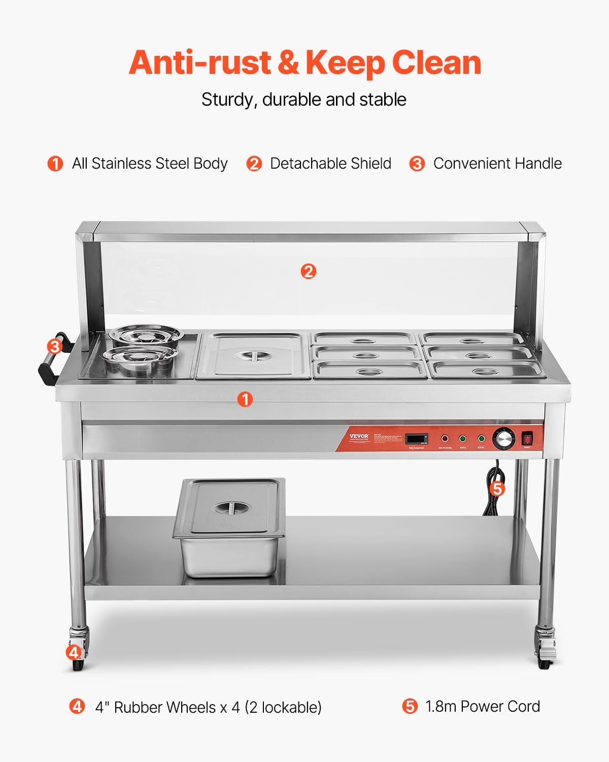 VEVOR Commercial Food Warmer, 7 Pans + 2 Pots Electric Steam Table, 1800W Professional Buffet Catering Food Warmer with Shield Undershelf Wheels, Stainless Steel Server for Party Restaurant Hotel