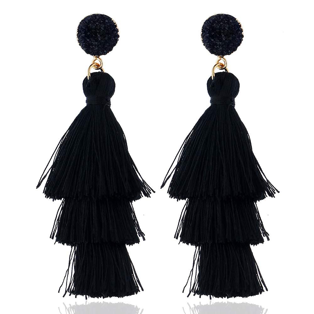Boho Statement Tassel Earrings for Women Clip On Drop Earrings Feather Earrings Non Piercing Jewelry for Women Dangling Fringe E