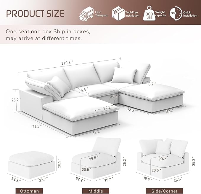 Forest aesthetics Modular Sectional Sofa,Extra Comfty Deep-Seat-Filled Couch,White 5 Seat U Shape Sofas with Movable Ottoman,Modern Couches for Living Room, Apartment,Office,Small Space
