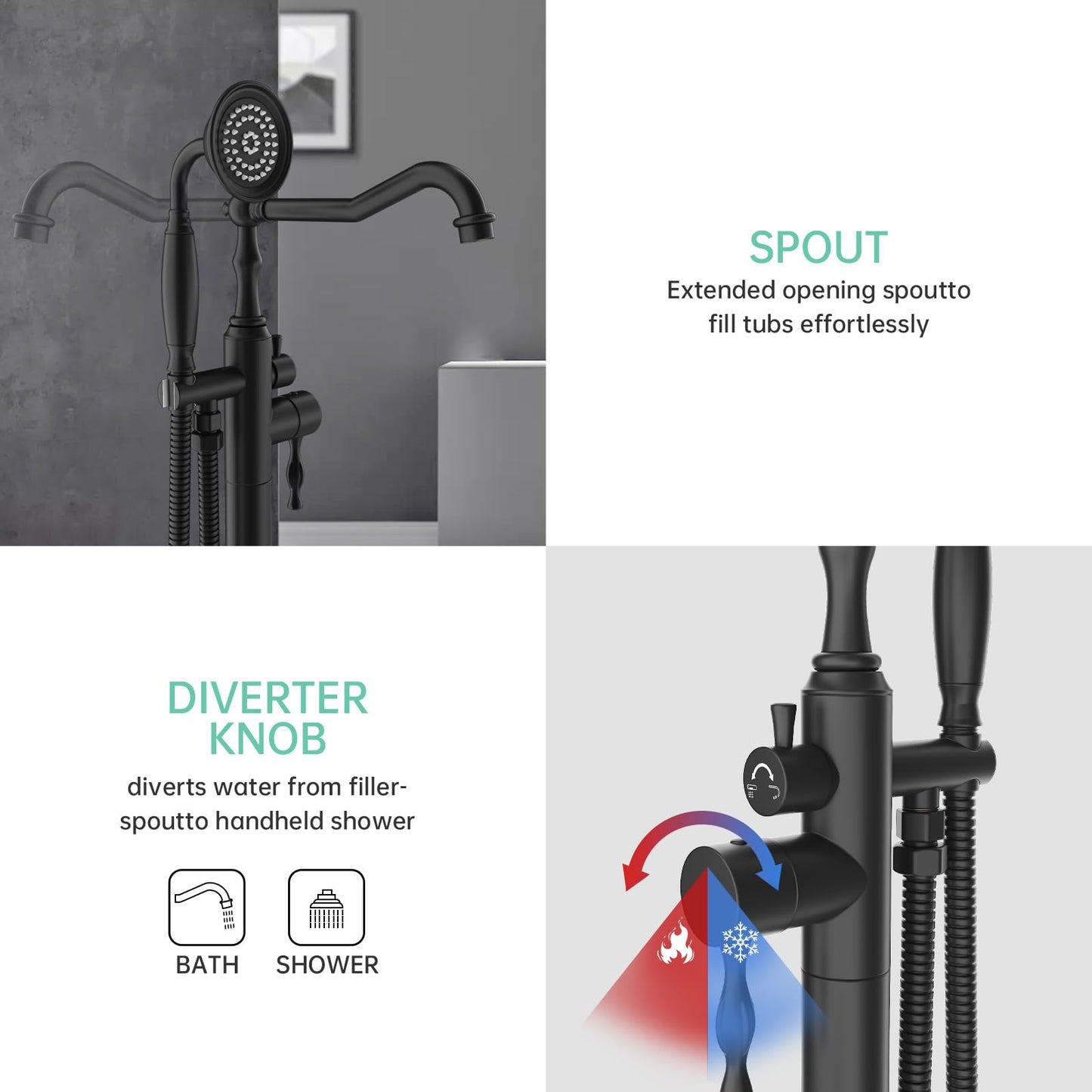 Hoimpro Free Standing Tub Faucet Freestanding Tub Filler Bathtub Faucet Stand Alone Floor Mounted Bathtub Faucet Set Handheld Sprayer Brass Matte Black