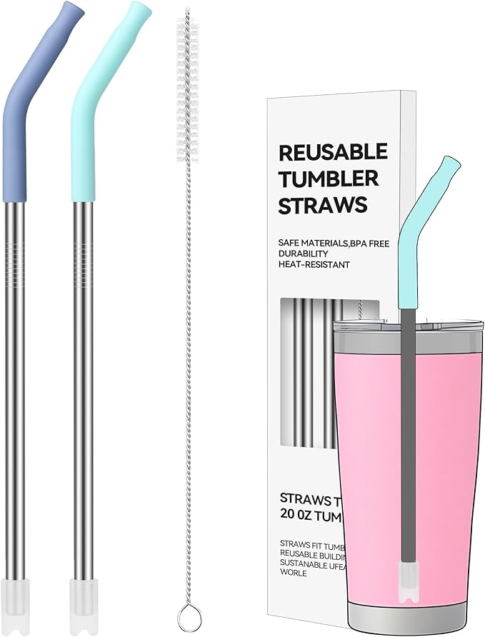 20 oz Straight Metal Straws with Silicone Tip for 20 oz Tumbler, 2 PACK Stainless Steel Reusable Drinking Metal Straw for YETI, STANLEY, US Acrylio, BJPKPK, Simple Modern and so on