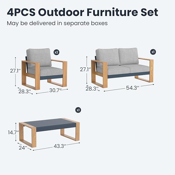 4 Pieces Aluminum Patio Furniture Set, Outdoor Conversation Sets with High Backrest Sofa and Coffee Table for Garden and Backyard