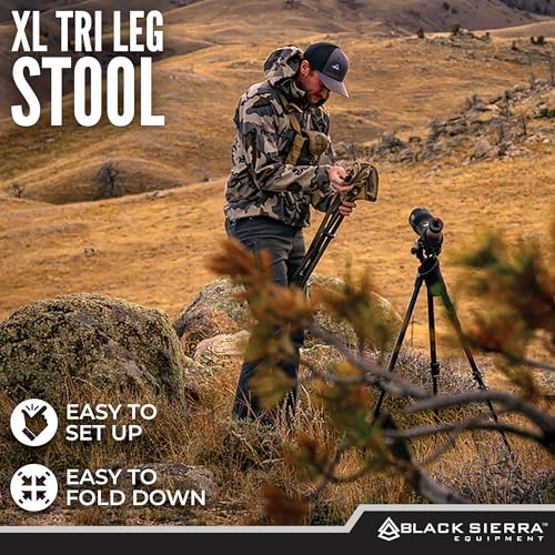 Black Sierra Folding Hunting Stool w/Shoulder Strap Supports 225 lbs, Lightweight Collapsible Tripod Seat, Foldable Steel ...