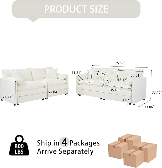 RENDGO Modular Sectional Sofa Sets,2 Pieces Chenille Sectional Loveseat Sofas,Deep Seat Comfort,4-Seater Comfy Couch for Living Rooms & Apartment, Guest Rooms, Beige
