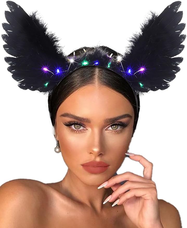 Aiosy Light Up Halloween Wing Headbands LED Black Feather Hairband Angel Wings Women Hair Accessories for Rave Costume