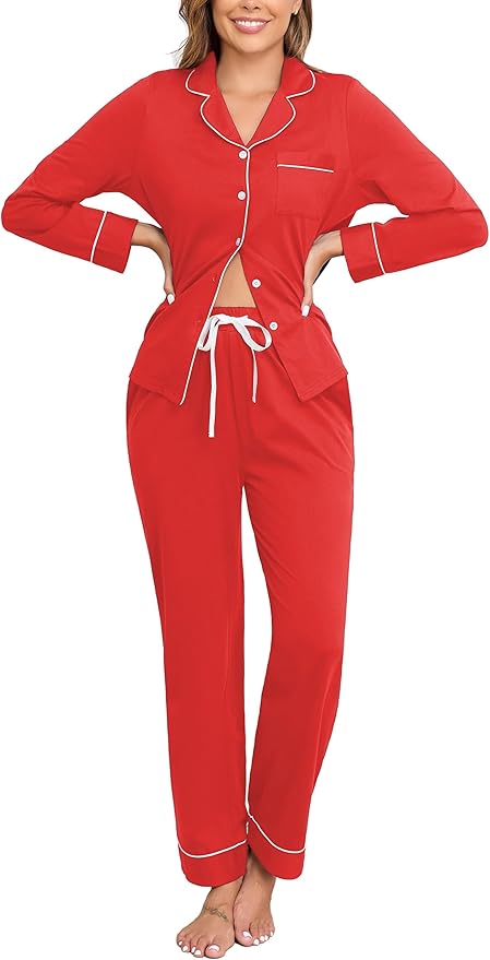 Veseacky 100% Cotton Pajamas for Women Set Long Sleeve Button Down Sleepwear Soft Pjs Lounge Sets with Pockets XS-XXL
