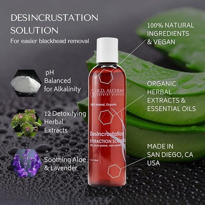 RD Alchemy - Desincrustation Solution + 2 Piece Blackhead Extractor Tools to Open pores, Soften blackheads and Make extractions Easier. for Home or Professional spas.