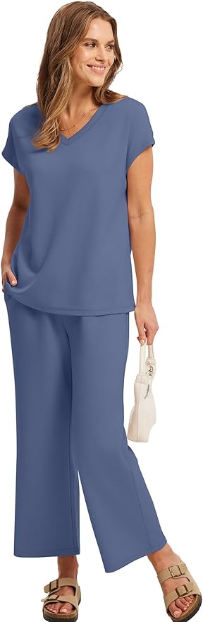 Saloogoe Two Piece Sets for Women Summer Outfits Lounge Sets V Neck Tops Wide Leg Pants Woman Vacation Travel Outfits