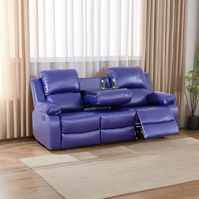 A Ainehome Living Room Furniture Set Leather Recliner Sofa Set Loveseat Chair Furniture Sofa Set for Living Room/Small Space/Rv/House/Office/Theater Seating (A-Blue Leather, Sofa(3seater))