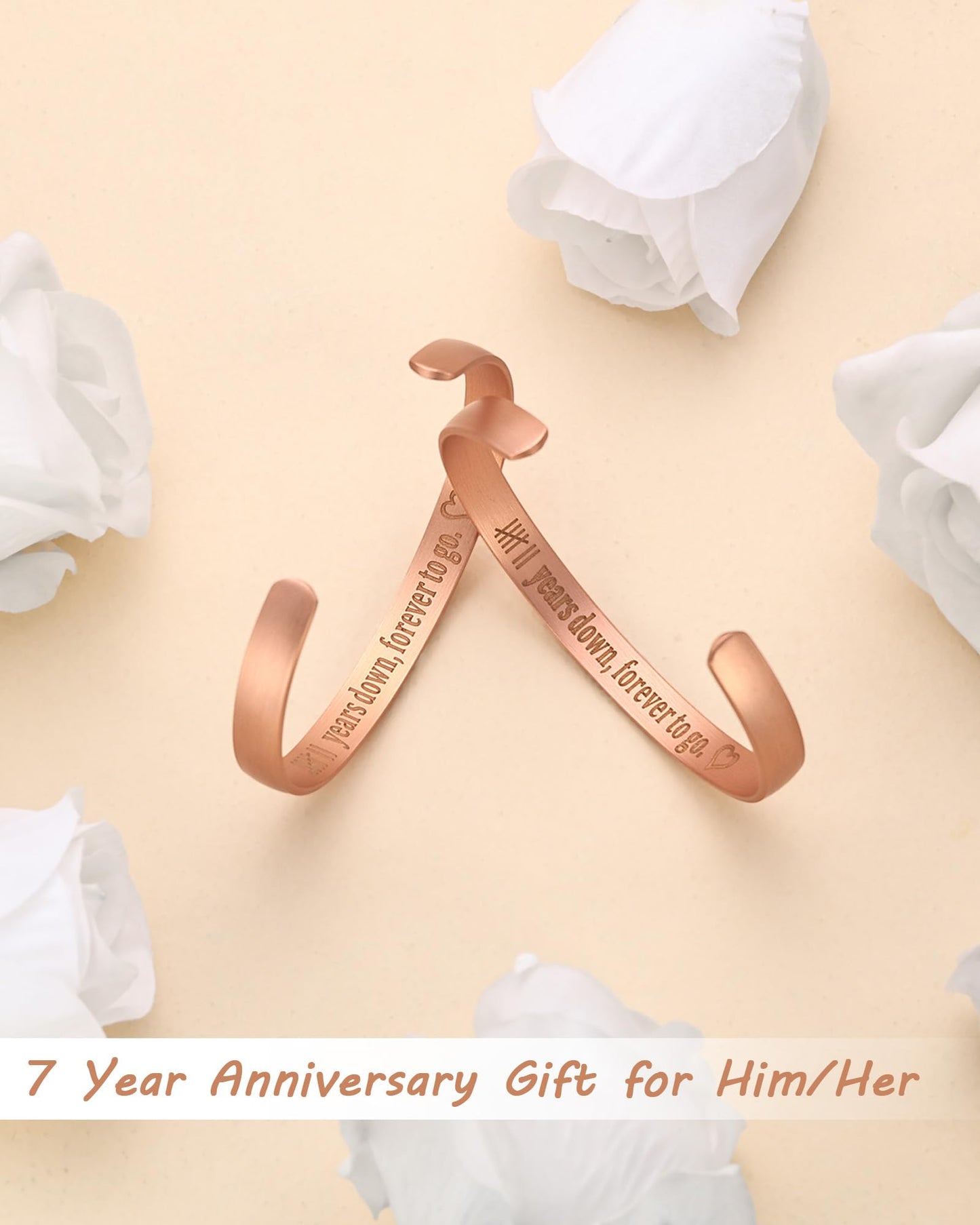 MagEnergy 7 Year Anniversary Copper Gifts for Him Her Couples, Copper Bracelet for Men Women (2Pcs), 7th Wedding Anniversary Copper Jewelry Gift for Wife Husband, Engraved Adjustable Cuff for Loved One