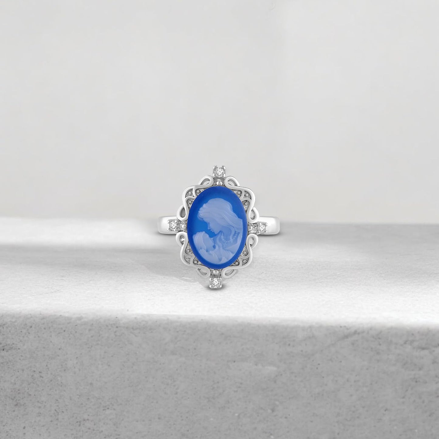 Jewelili Sterling Silver Mother & Child Statement Ring for Women | Blue Agate Cameo & Created White Round Sapphire | Ring Size 7 | Luxury Jewelry Gift for Her | Gift Box Included