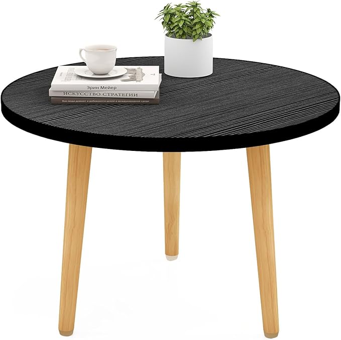 Funecy Round Coffee Table Low Table with 3 Solid Wood Sturdy Legs, Floor Table Desk for Sitting on The Floor, Storage and Living Room Furniture (Black)