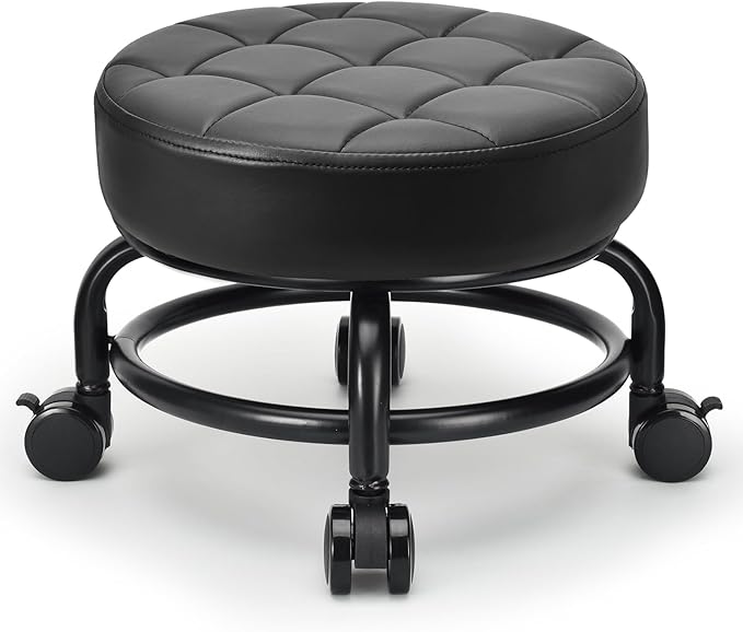 LWADALN Low Roller Seat Low Height Rolling Stool PU Leather Rolling Stool, Modern Rolling Chair for Home Office Garage Shop