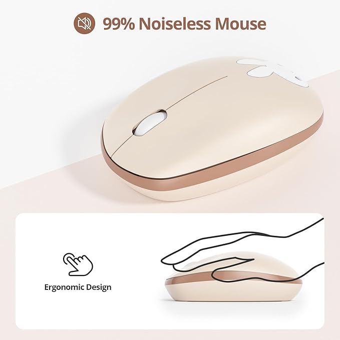 Owpkeenthy Cute Beige Keyboard and Mouse Wireless, Colorful Keyboard Retro Typewriter Style Full-Sized with Number Pad Round Keys for Desktop, Laptop and Computerr (Bunny Beige)