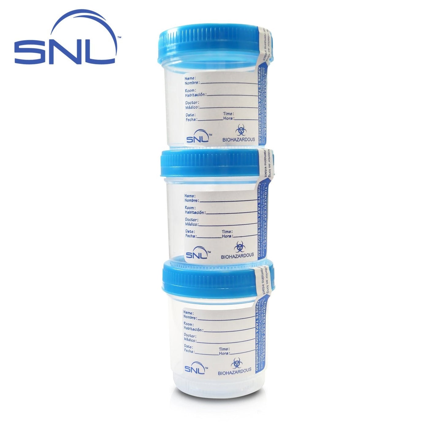 SNL Quality Sterile Specimen Cups, Screw-on Cap with Tamper Evident Seal, 3oz., Blue Cover - Pack of 12