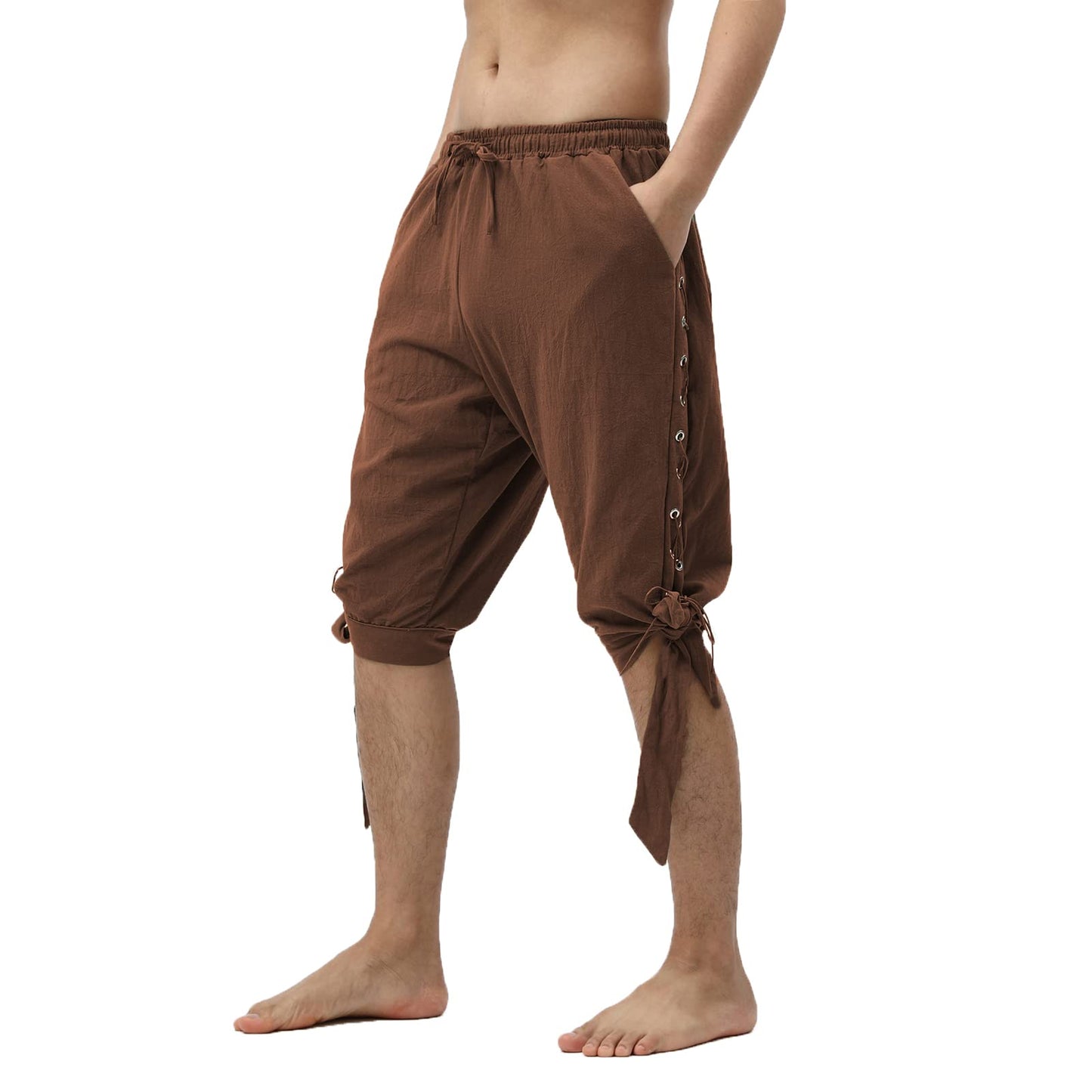 JIEFULL Men's Pirate Shorts- Renaissance Costume Trousers- Medieval Retro Pants -Viking Shorts(Brown,2XL)