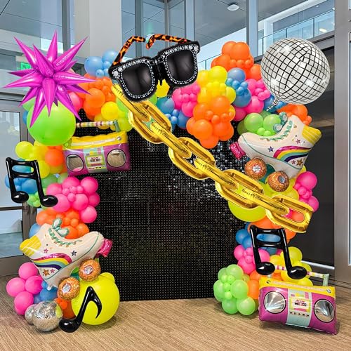 90s 80s Disco Theme Party Decorations, 171Pcs Balloon Arch Kit with Retro Disco Ball Radio Glasses Roller Skate Musical No...