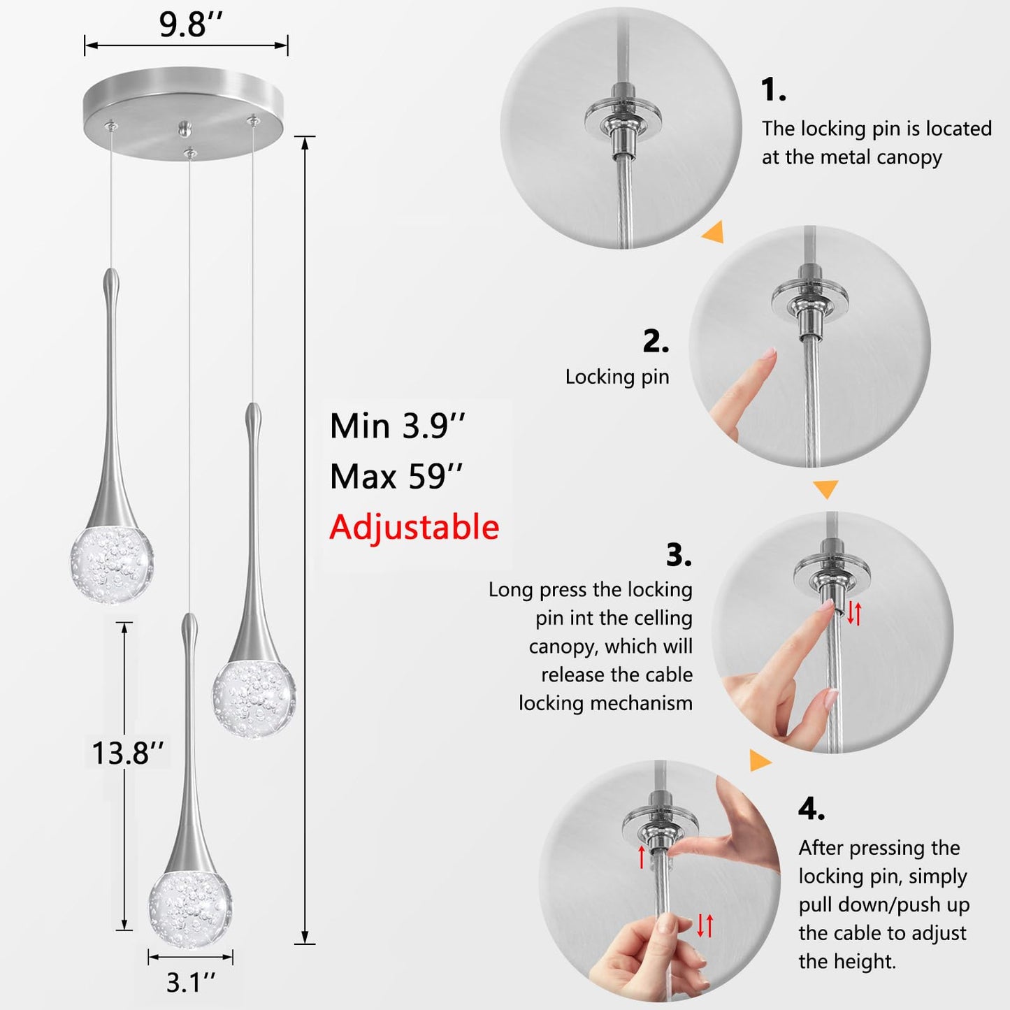 cenozo 3-Lights Modern Pendant Lights for Kitchen Island LED Dimmable Crystal Glam Ceiling Pendant Lighting Chandelier for Dining Room Hallway Bedroom Corner Lamp Brushed Nickel