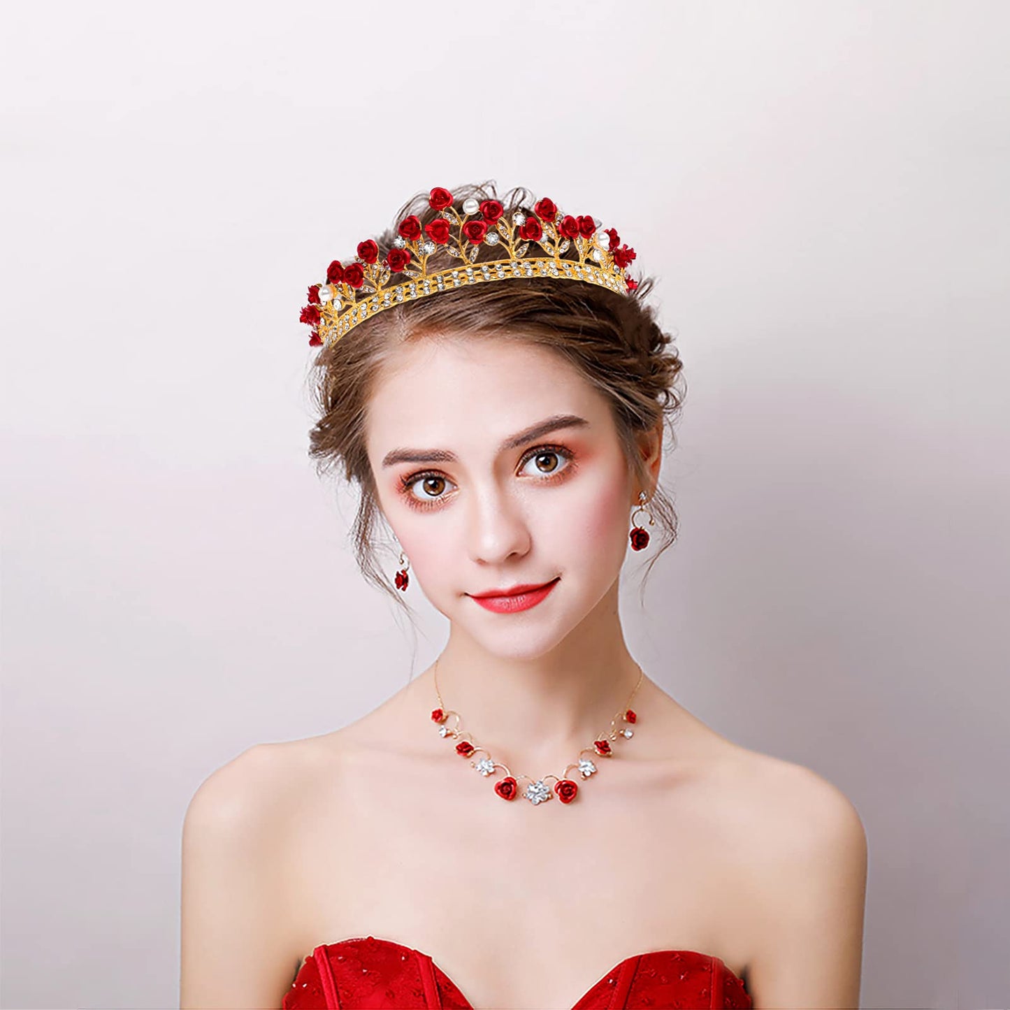 Lurrose 2pcs Rose Designed Bride Headdress Wedding Hair Crown Rose Rhinestone Crown Wedding Girl Tiara Headdress