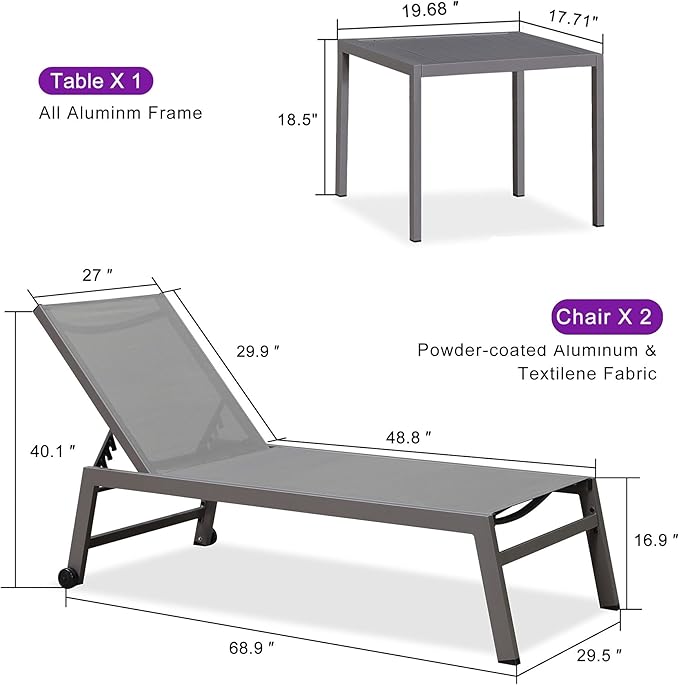 PURPLE LEAF Outdoor Chaise Lounge Set for 2 Oversized Pool Lounge Chairs with Easy-to-Move Wheels and Adjustable Backrest Extra Large Patio Loungers for Poolside Deck Beach Table Included, Light Grey