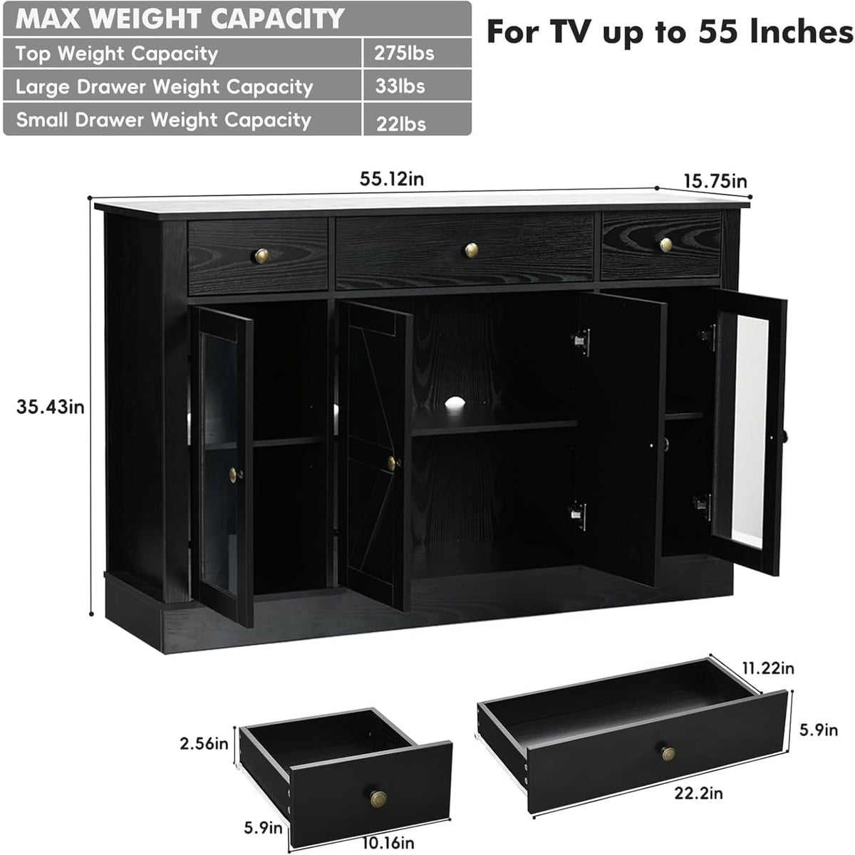 4 EVER WINNER Black Buffet Cabinet with Storage, 55" Coffee Bar Cainets with 3 Drawers and Glass Doors, Sideboard Buffet Cabinet for Kitchen, Living Room