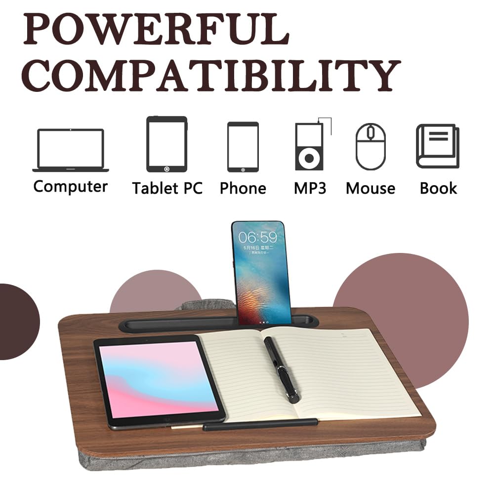 Portable Laptop Desk Fits Up to 16“ Laptops, with Tablet Slot, Built-in Cushion, Great for Home & Office,Lap Desk for Laptop,Lap Desk with Cushion (Brown, Medium)
